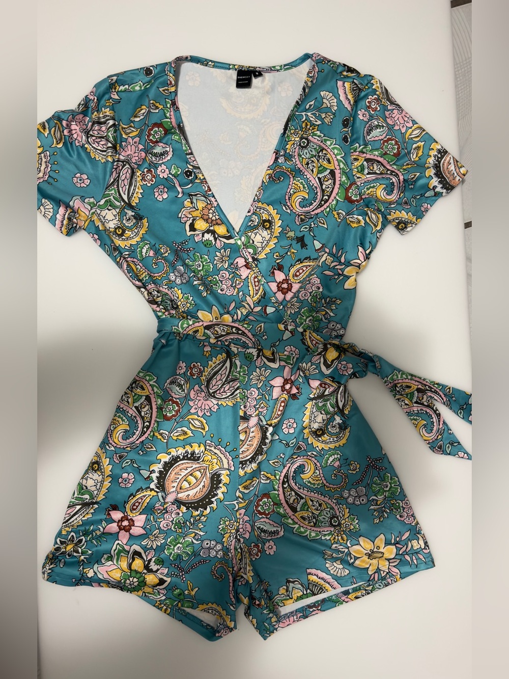 SHEIN Teal Paisley Floral Wrap Romper.. hugs on curves / high stretch!